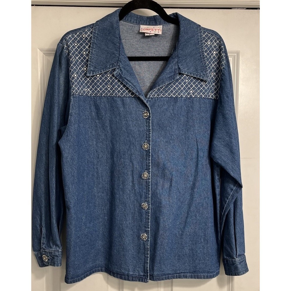 Vtg Denim Top Clear Sparkle Button Up Blue Jean Lg Western Cowgirl Rodeo Studded